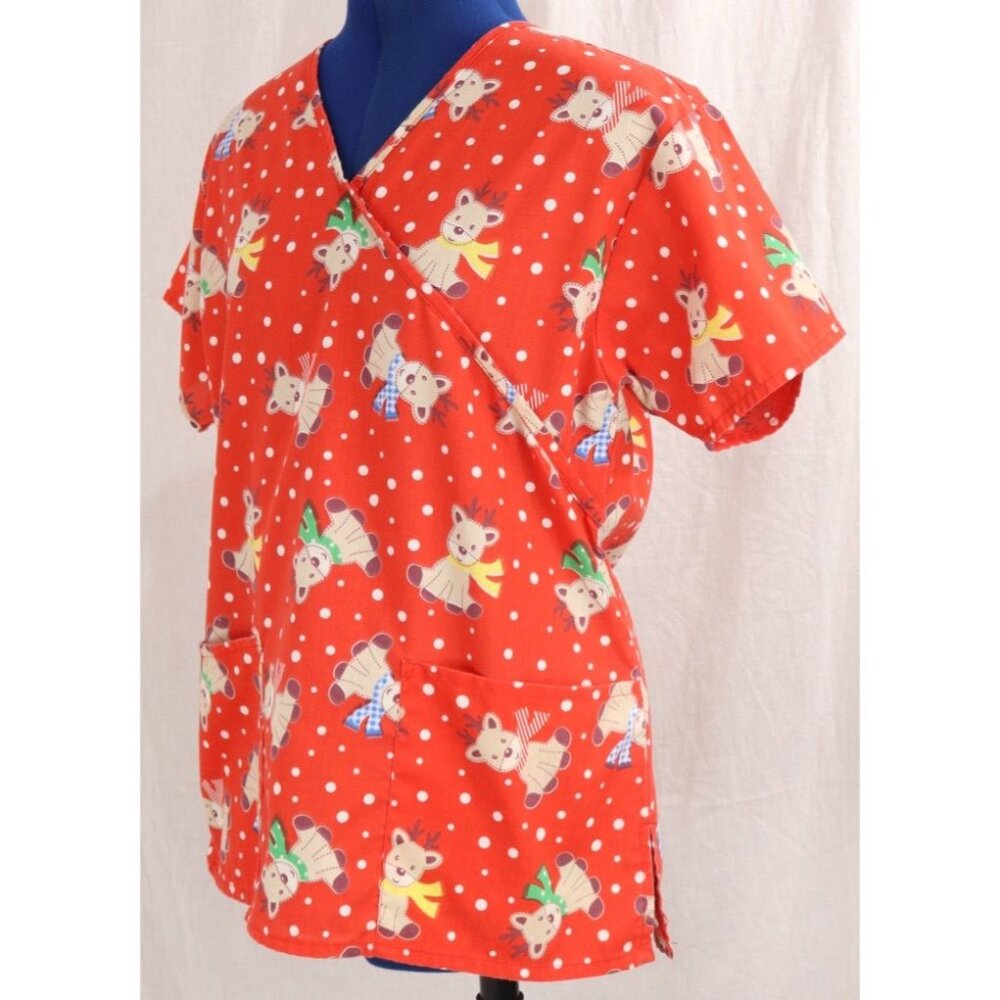 Womens Red RMF Scrubs XS Baby Reindeer Christmas Medical Top VTG Shirt - Picture 5 of 9